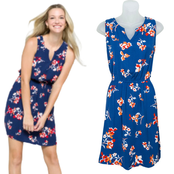 41 HAWTHORN Trisha Split Neck Dress Navy Red Floral Knee-Length Women's Medium - Picture 1 of 5